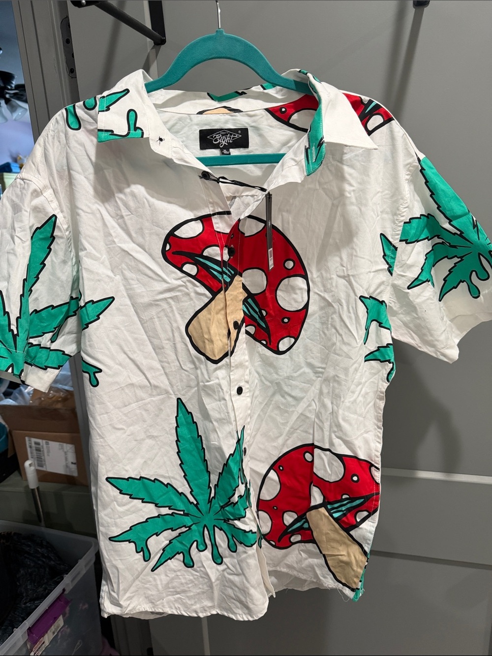 Eighty Eight White Button-Down Shirt with Teal Leaves & Red Mushroom Print